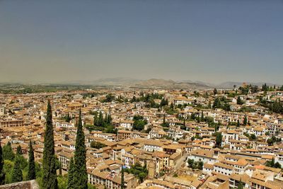 High angle shot of townscape against sky