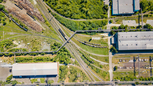 Aerial view to industrial zone and technology park. european industry from above. 