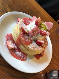 High angle view of dessert in plate on table