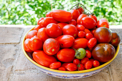 Large bowl with freshly harvested organic red and green tomatoes