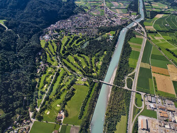 High angle view of vineyard against clear sky