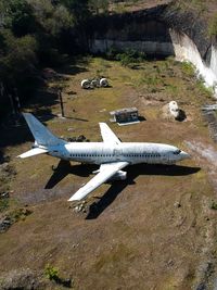 High angle view of airplane flying over grass