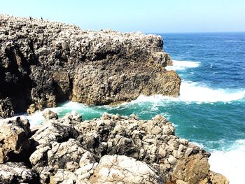 Scenic view of sea against clear blue sky