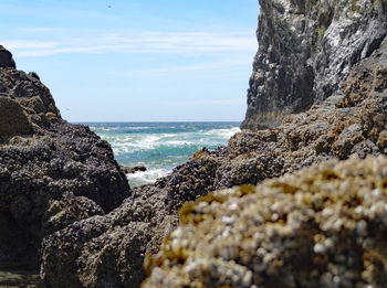 Rock formation on beach against sky