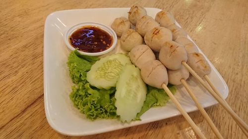 High angle view of meal served on table