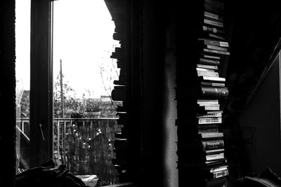Close-up of books on window