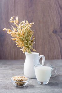 Oat milk in a cup, oatmeal and ears of corn in a jug on the table. alternative to cow's milk