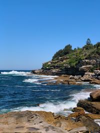 Scenic view of sea against clear blue sky