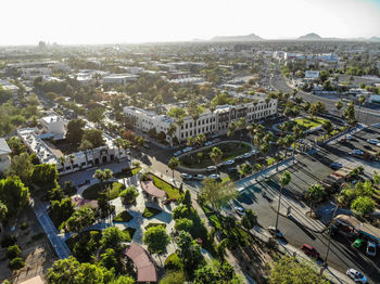 High angle view of street amidst buildings in city