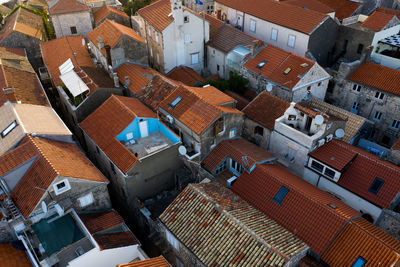 High angle view of houses in city