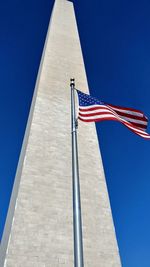 Low angle view of american flag by obelisk against clear blue sky