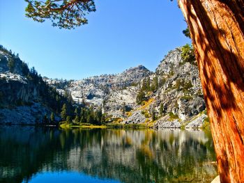 Scenic view of lake and mountains against clear sky