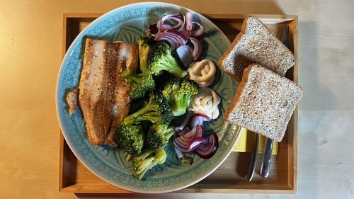 High angle view of food in plate on table