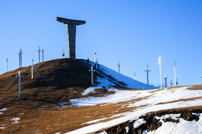 Scenic view of snowcapped mountain against clear blue sky