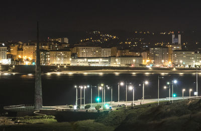 Illuminated cityscape against sky at night