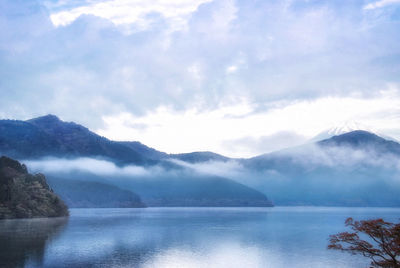 Scenic view of lake and mountains against sky