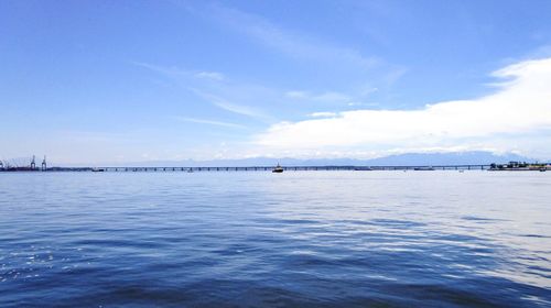 Scenic view of sea against blue sky.