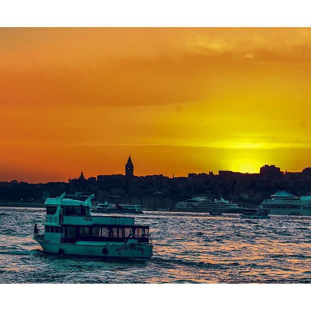 sunset, water, nautical vessel, transportation, orange color, mode of transport, boat, waterfront, scenics, beauty in nature, tranquility, sky, tranquil scene, sea, moored, transfer print, nature, river, auto post production filter, rippled