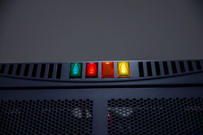 Close-up of illuminated traffic signal at night