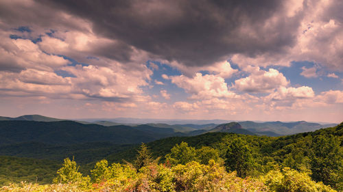 Scenic view of mountains against sky during sunset