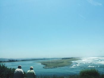 Rear view of man in water against clear sky