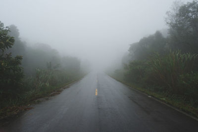 Empty road amidst trees against sky