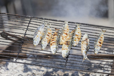 Close-up of meat on barbecue grill with sardines