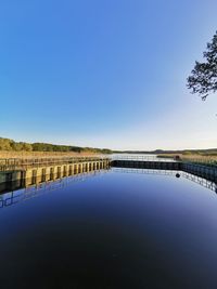 Scenic view of lake against clear blue sky