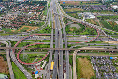 Aerial view of highway intersection in city