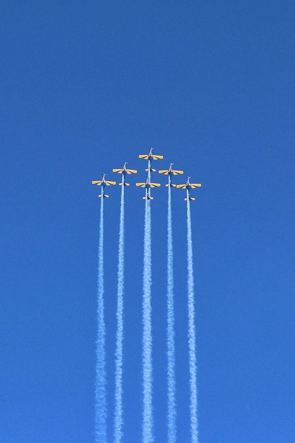 sky, clear sky, blue, airplane, low angle view, airshow, copy space, air vehicle, on the move, mode of transportation, transportation, day, teamwork, plane, vapor trail, cooperation, flying, smoke - physical structure, no people, nature, outdoors, order, aerospace industry