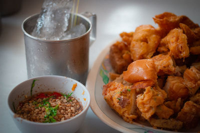 Close-up of food served on table