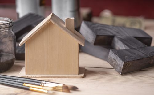 Close-up of model house on table