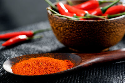 Close-up of red chili peppers in bowl on table