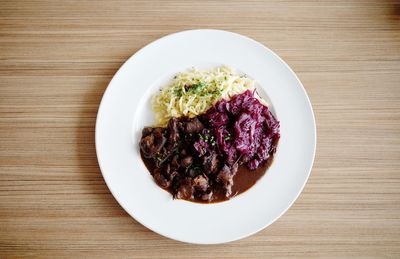 High angle view of meal served on table