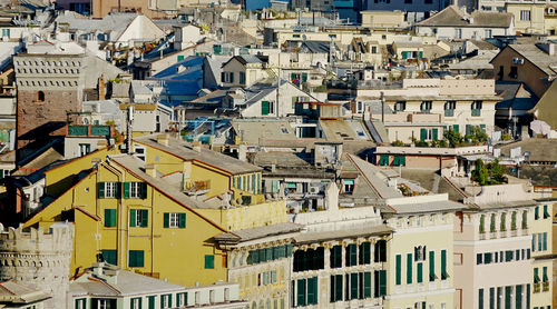 High angle view of residential buildings in city