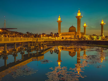 Reflection of illuminated buildings in water