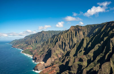 Scenic view of sea and mountains against sky