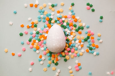 Close-up of multi colored candies on table