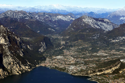 Riva del garda and mountain valley aerial view, trentino, italy