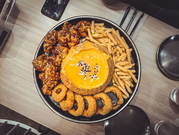 High angle view of dessert in plate on table