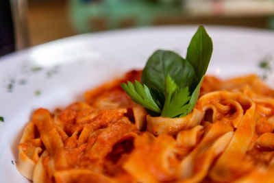 Close-up of red sauce pasta food served in plate