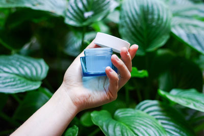 An opened blue jar with cosmetic cream in female hand. green leaves nature background, skin care