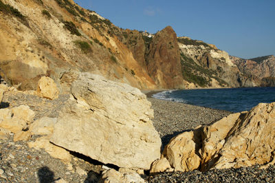 Scenic view of rocks and mountains against clear sky