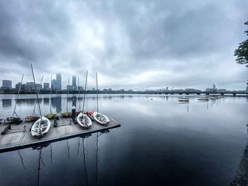 Sailboats moored in marina