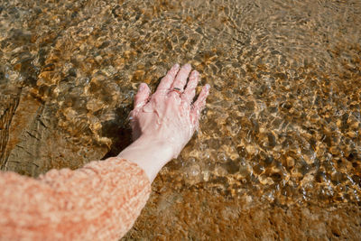 Low section of person feet in water on sand