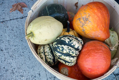 High angle view of pumpkins on table