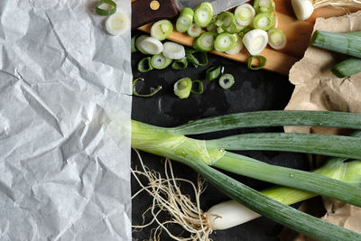 High angle view of chopped vegetables in container