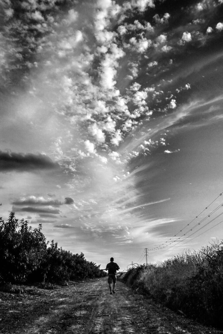 sky, full length, cloud - sky, rear view, lifestyles, leisure activity, walking, the way forward, cloudy, landscape, men, transportation, cloud, field, dirt road, nature, tranquility