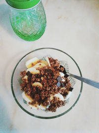 High angle view of breakfast served on table