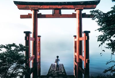 Rear view of men standing by lake against sky